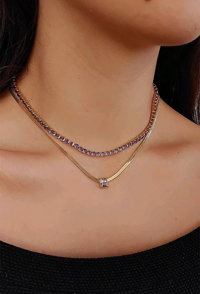 18k Gold Plated Herringbone Choker with Crystal Pendant