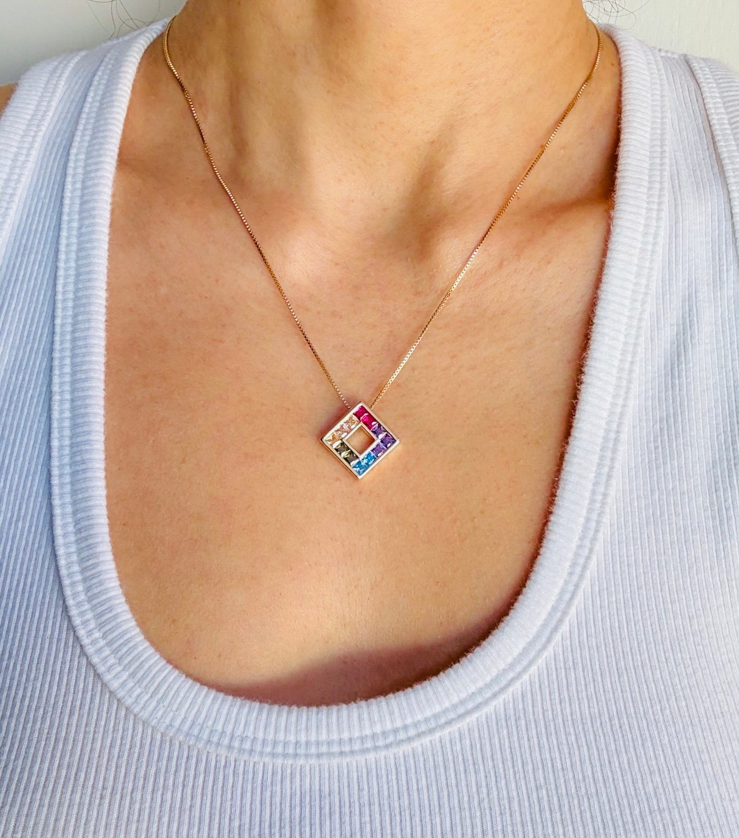 18k Gold Plated Colorful Square pendant necklace