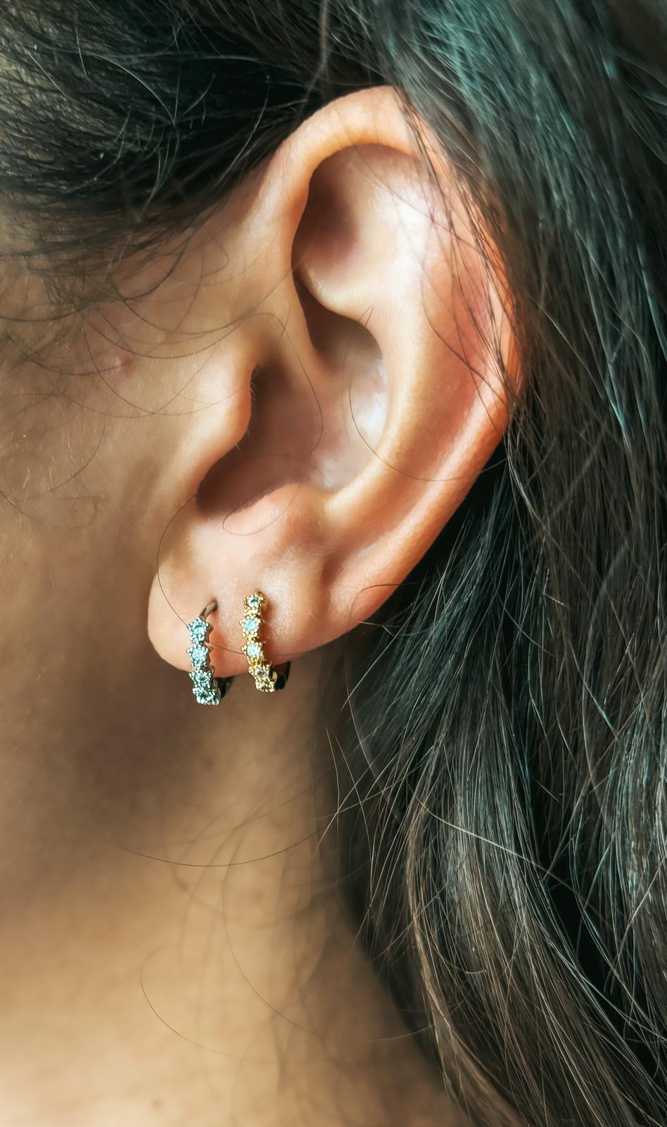 18k Gold / Rhodium Plated Huggie Hoop Earring with Little Stars
