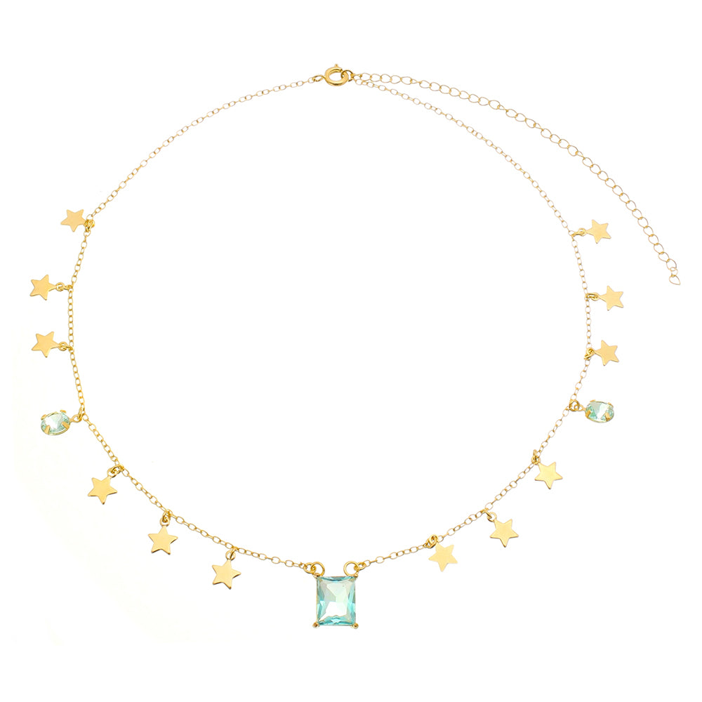 18k Gold / Rhodium Plated Choker with a Faceted Rectangular Crystal and Star Medals