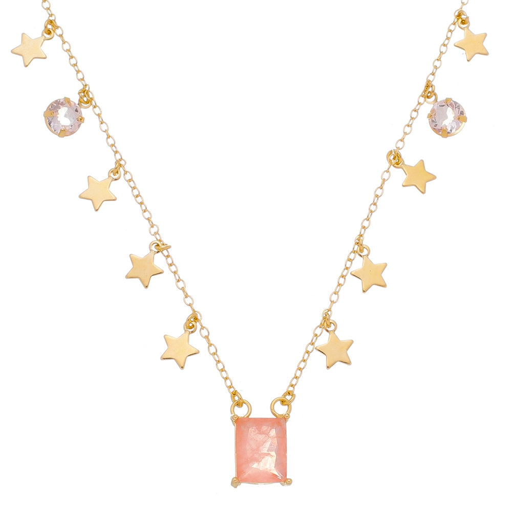 18k Gold / Rhodium Plated Choker with a Faceted Rectangular Crystal and Star Medals