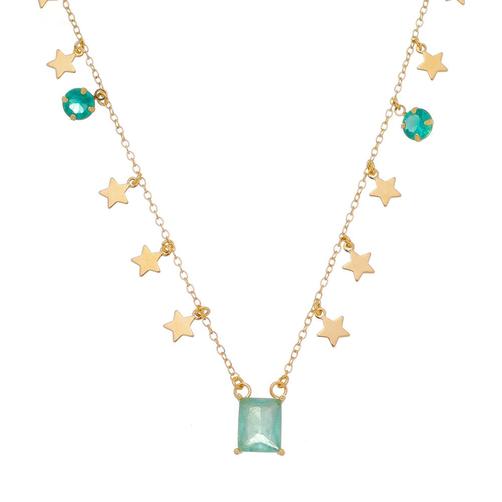 18k Gold / Rhodium Plated Choker with a Faceted Rectangular Crystal and Star Medals