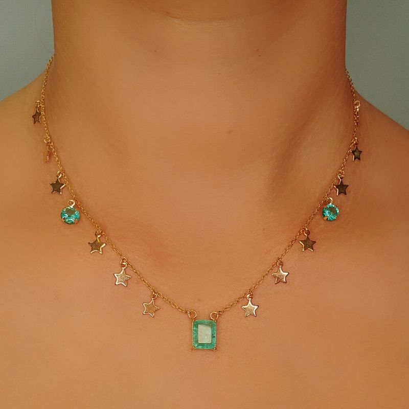 18k Gold / Rhodium Plated Choker with a Faceted Rectangular Crystal and Star Medals