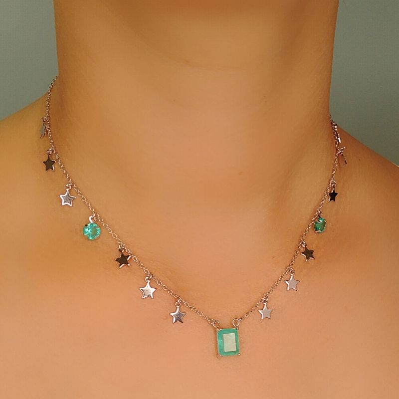 18k Gold / Rhodium Plated Choker with a Faceted Rectangular Crystal and Star Medals