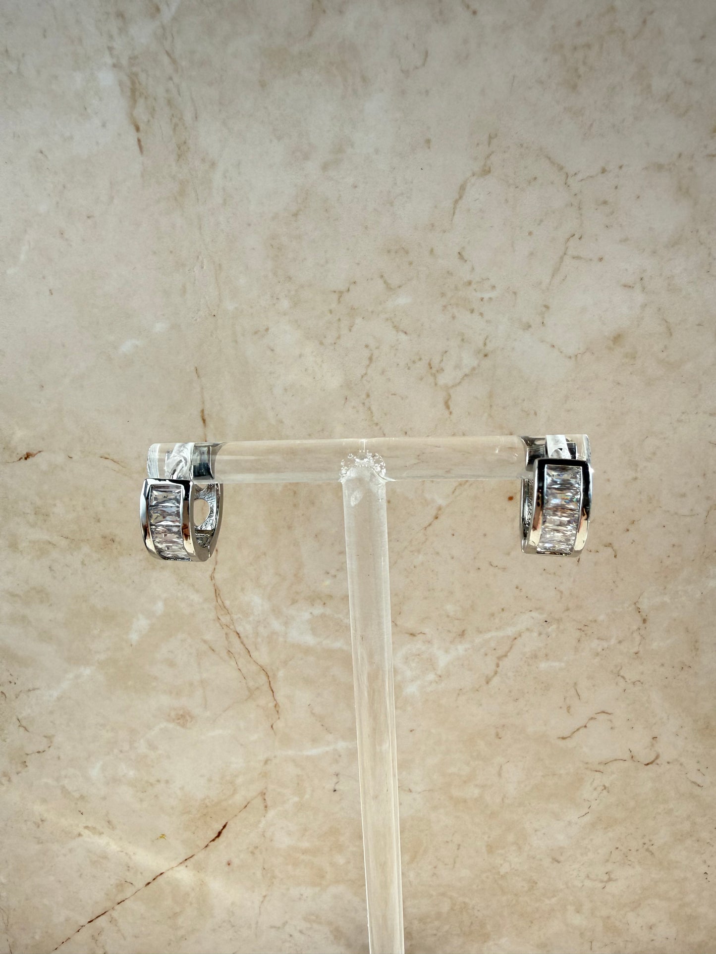 Rhodium Plated Baguette Huggie Hoop Earrings
