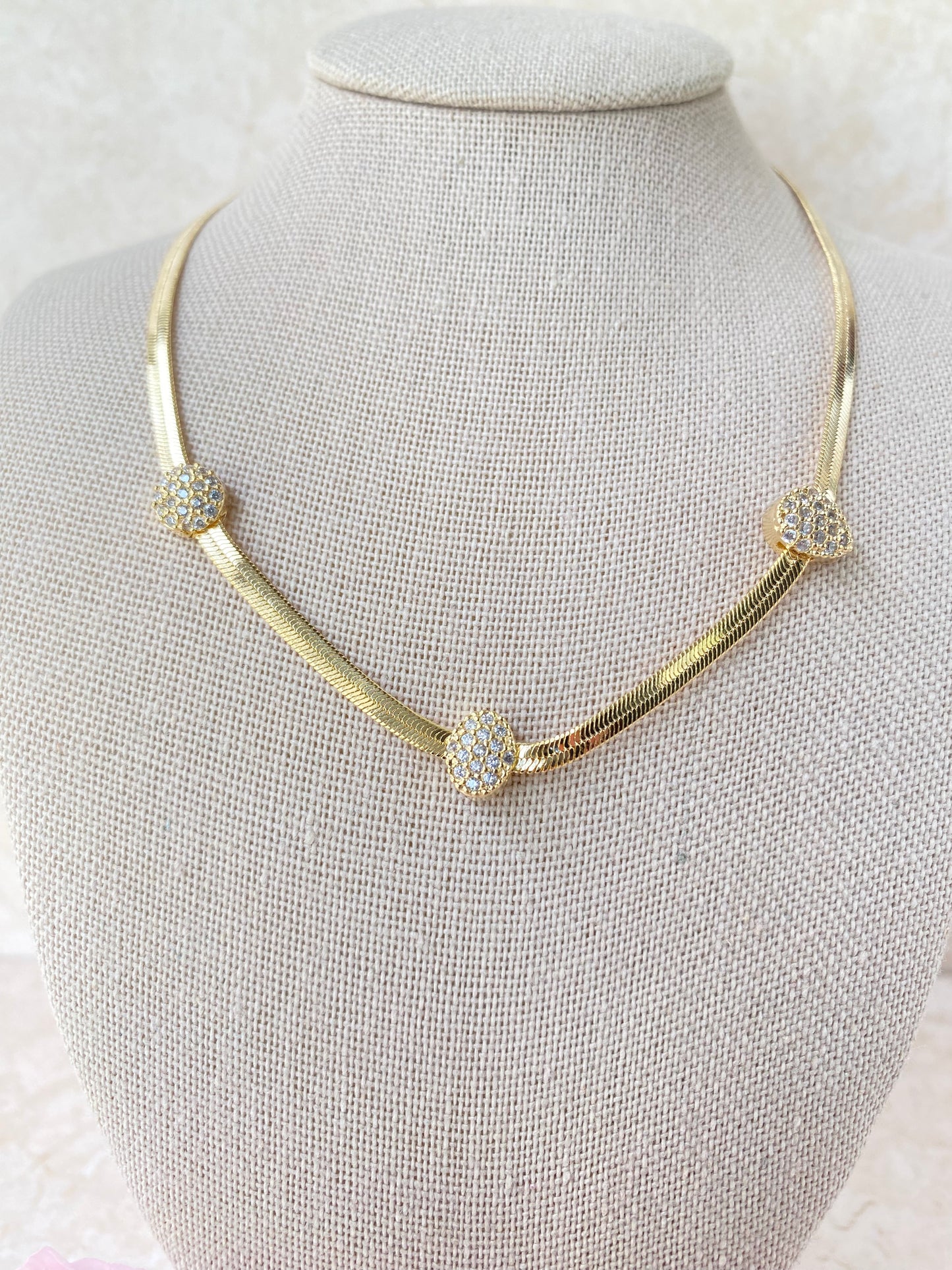 18K Gold Plated Herringbone Choker Necklace with Delicate Cubic Zirconia Accents