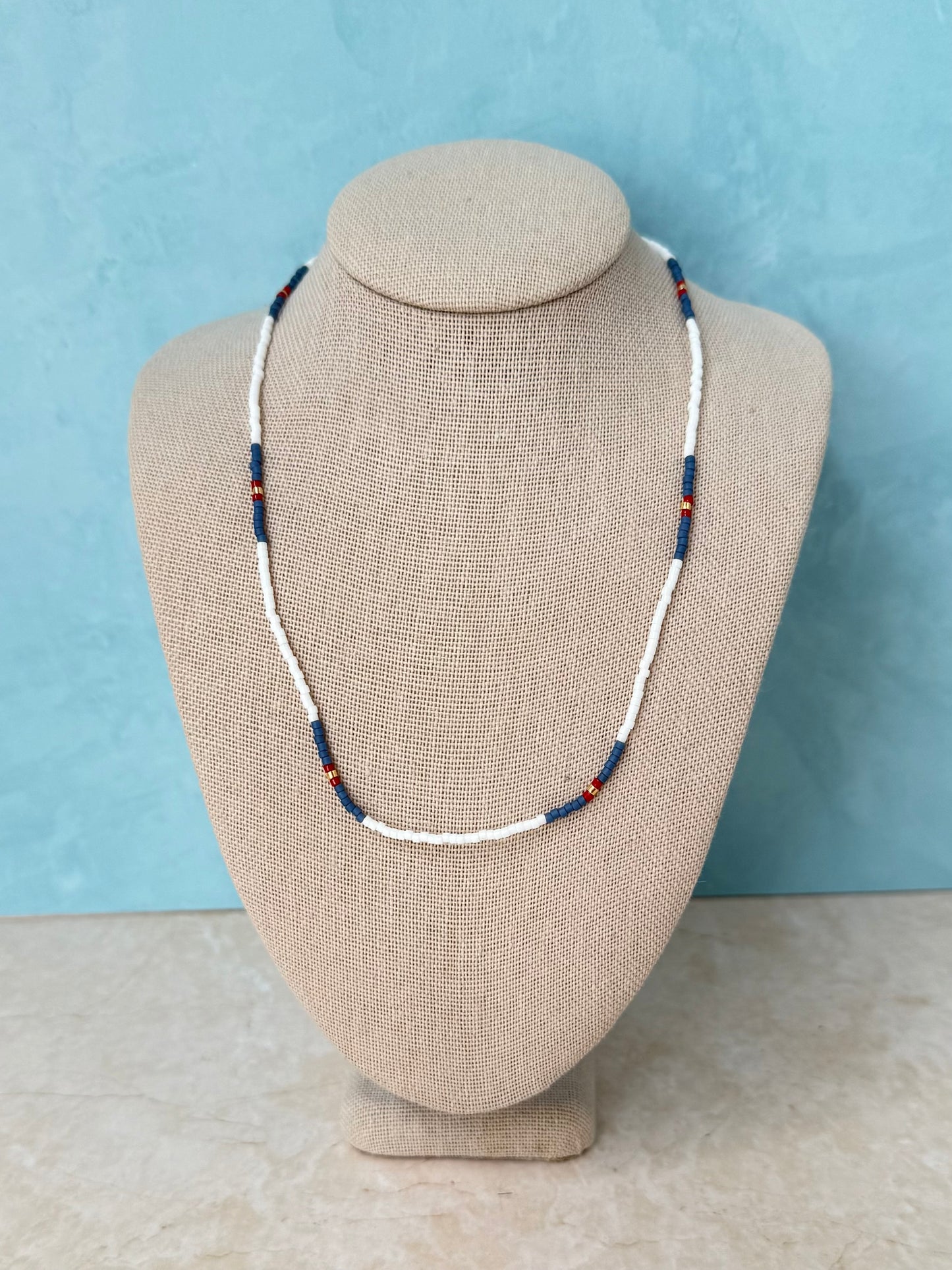 Handmade White and Blue Beaded Necklace