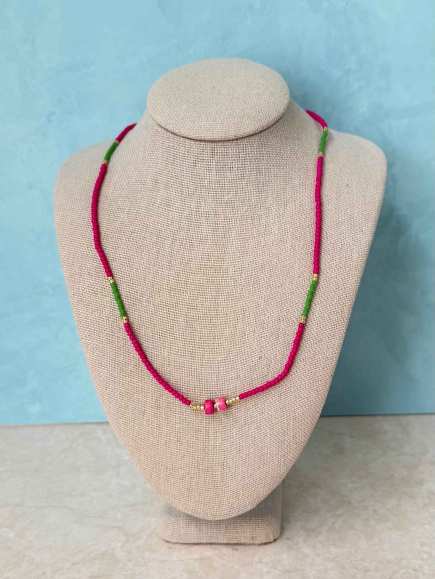 Handmade Pink and Green Beaded Necklace with Jasper Details