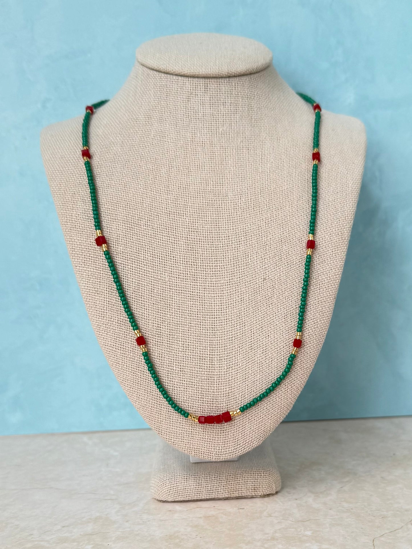 Handmade Green and Red Beaded Necklace