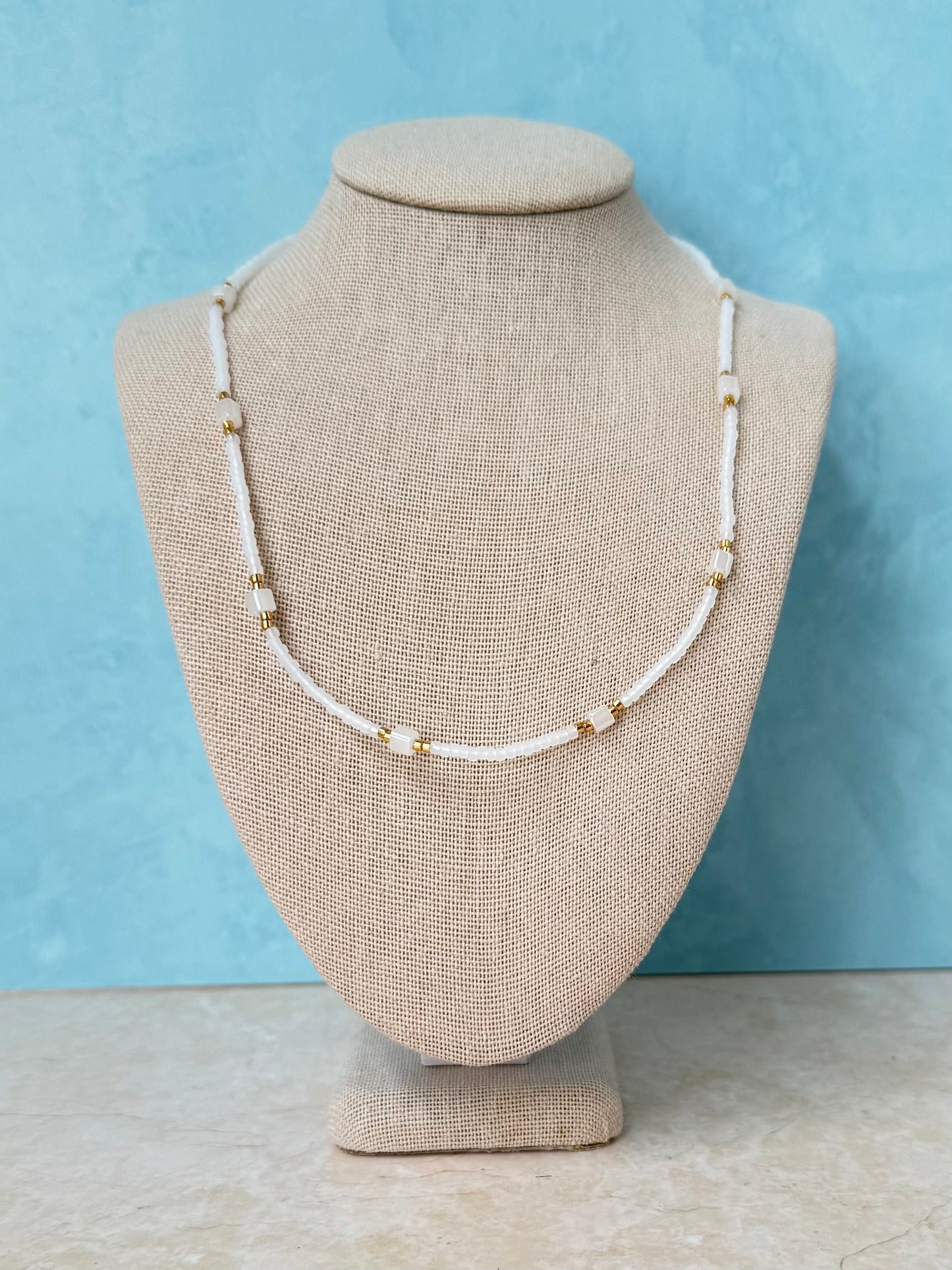Handmade White Matte Dainty Beaded Necklace