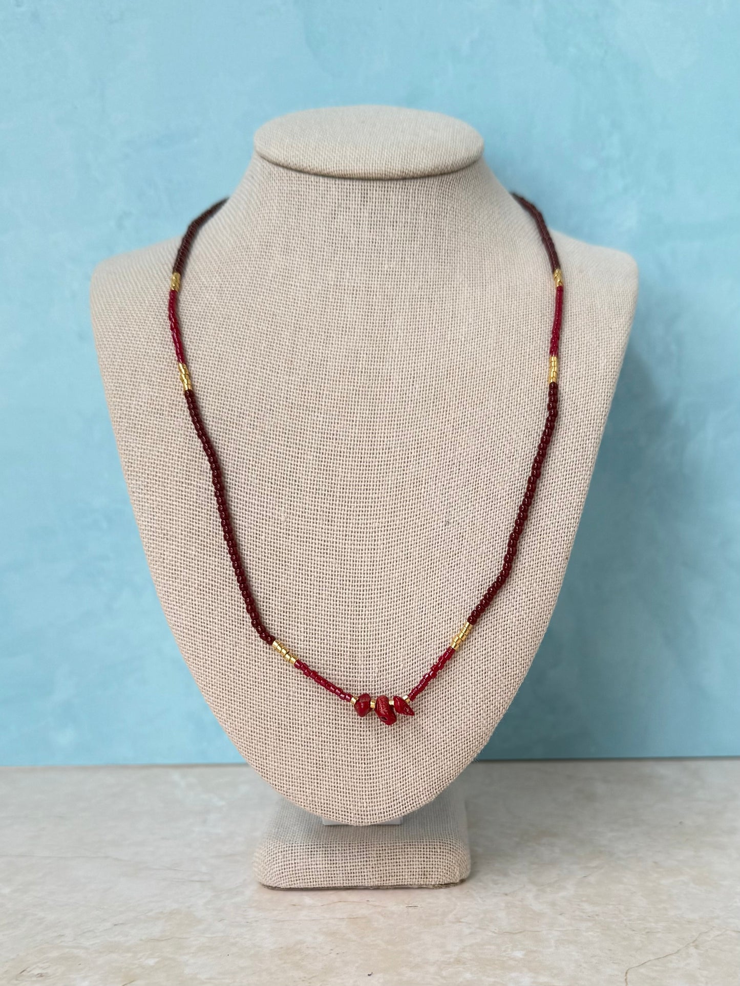 Handmade Red Beaded Necklace with Bamboo Coral Detail