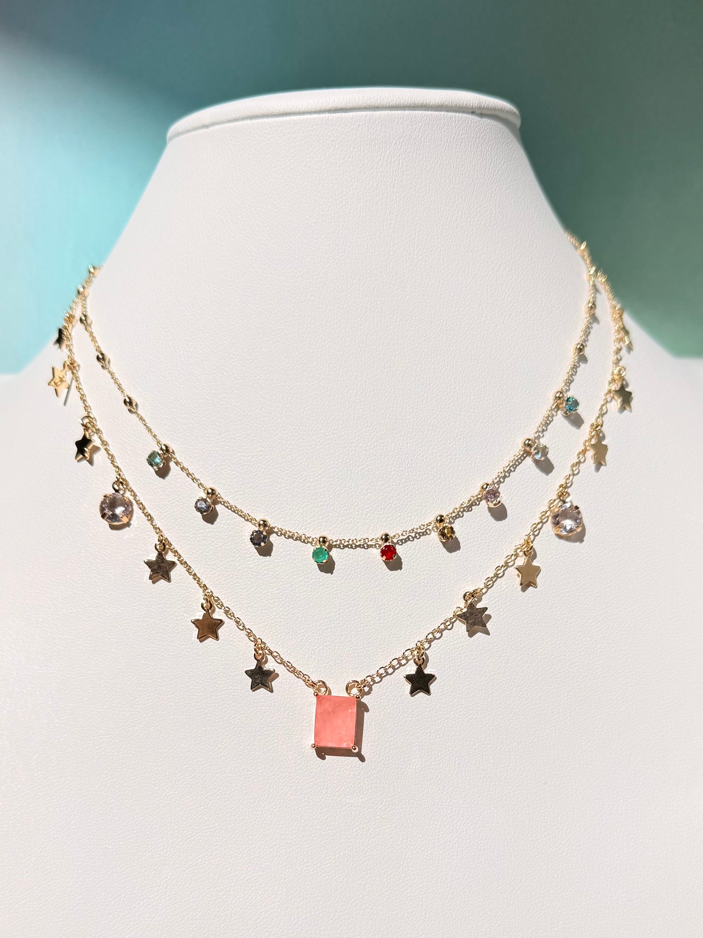 18k Gold / Rhodium Plated Choker with a Faceted Rectangular Crystal and Star Medals