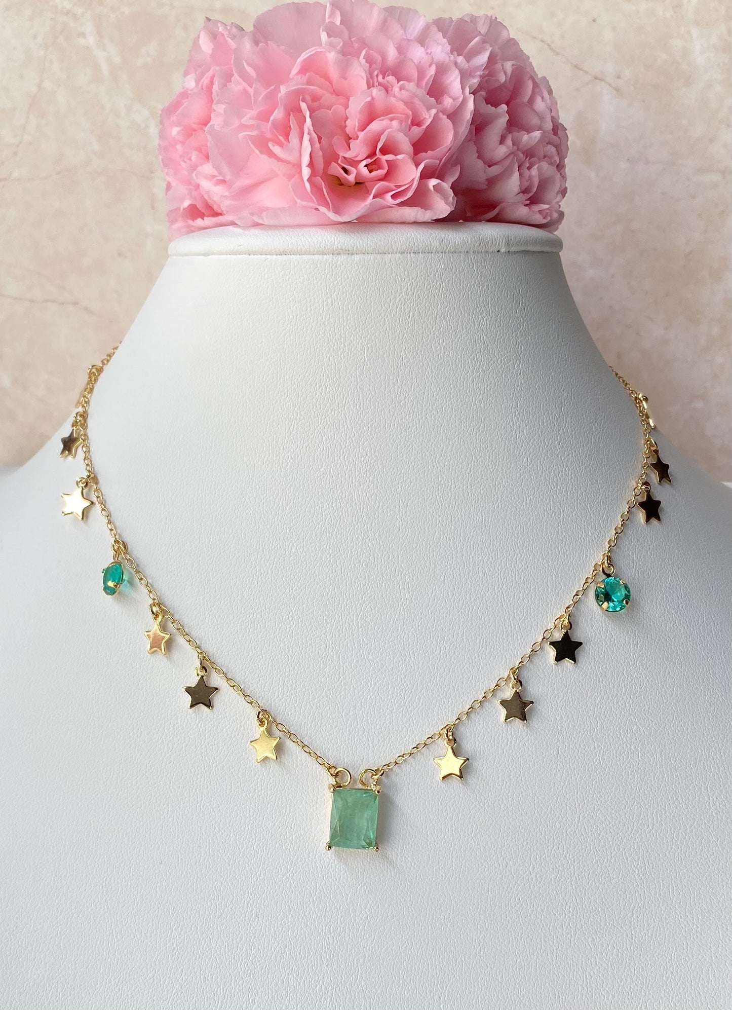 18k Gold / Rhodium Plated Choker with a Faceted Rectangular Crystal and Star Medals