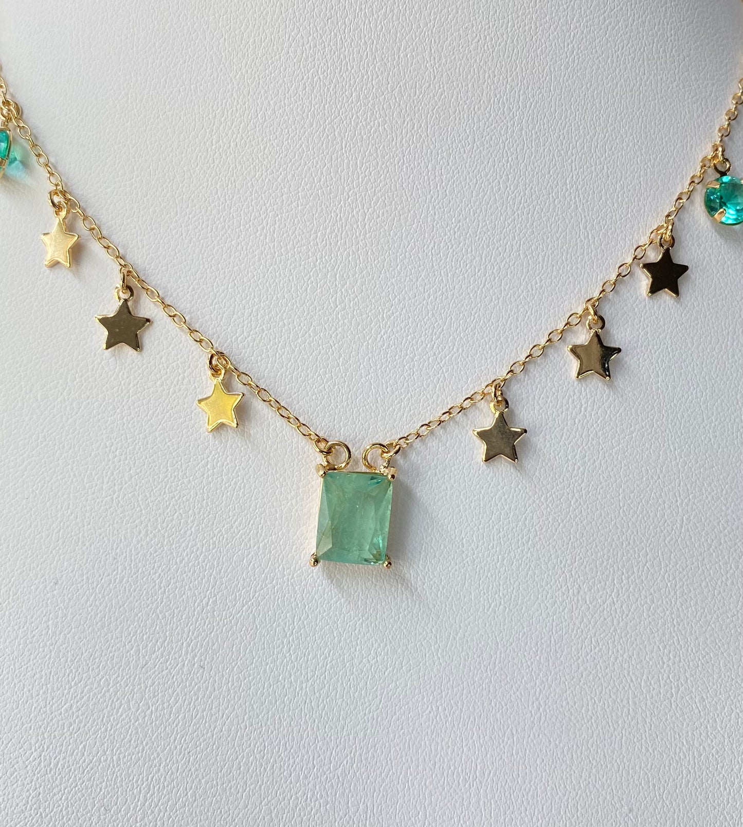 18k Gold / Rhodium Plated Choker with a Faceted Rectangular Crystal and Star Medals