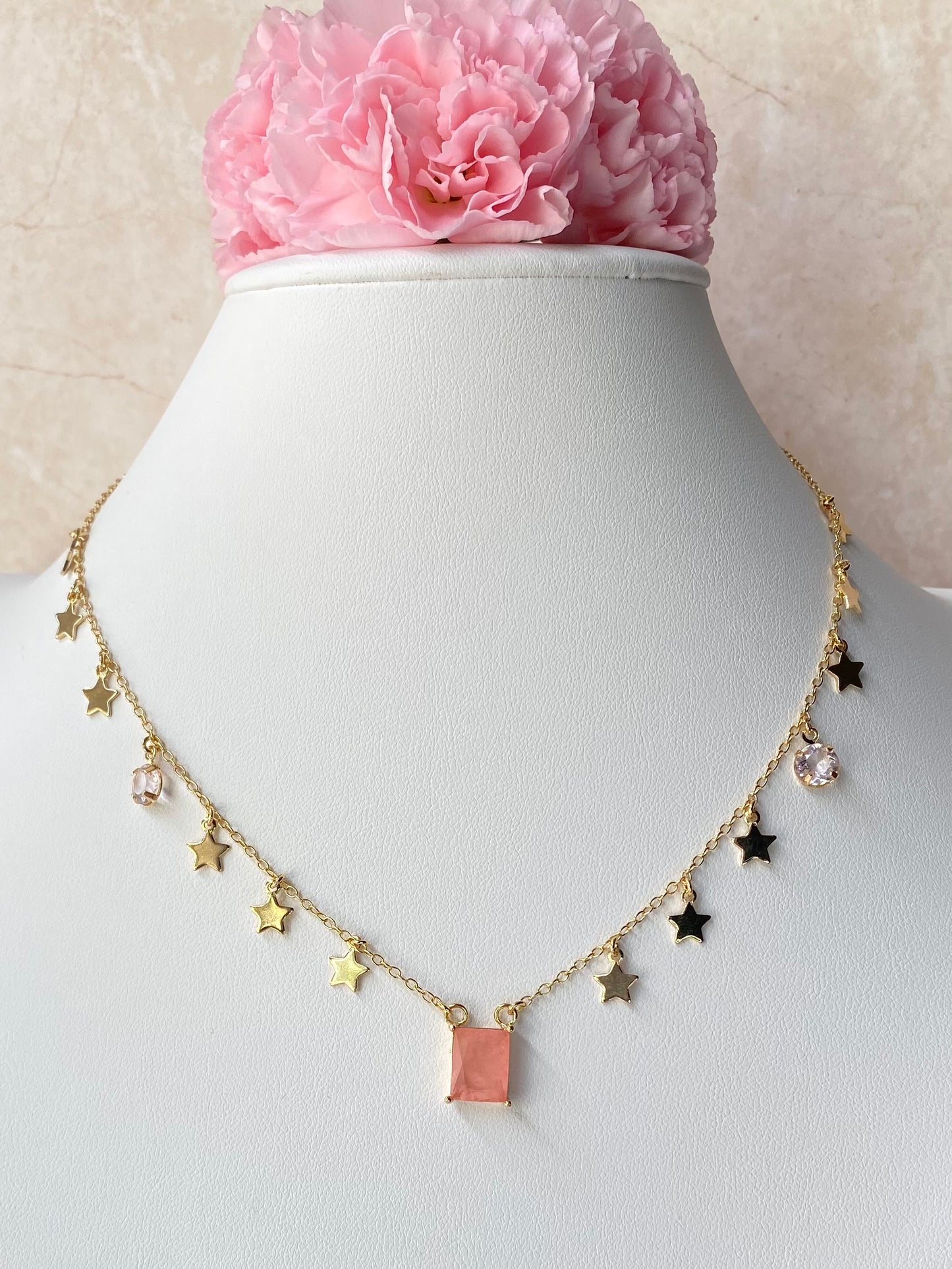 18k Gold / Rhodium Plated Choker with a Faceted Rectangular Crystal and Star Medals