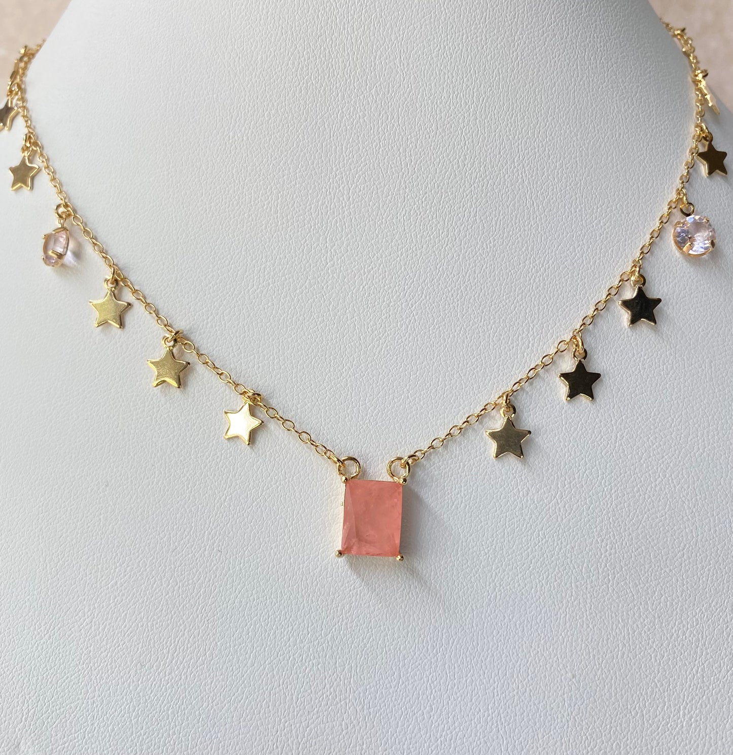 18k Gold / Rhodium Plated Choker with a Faceted Rectangular Crystal and Star Medals
