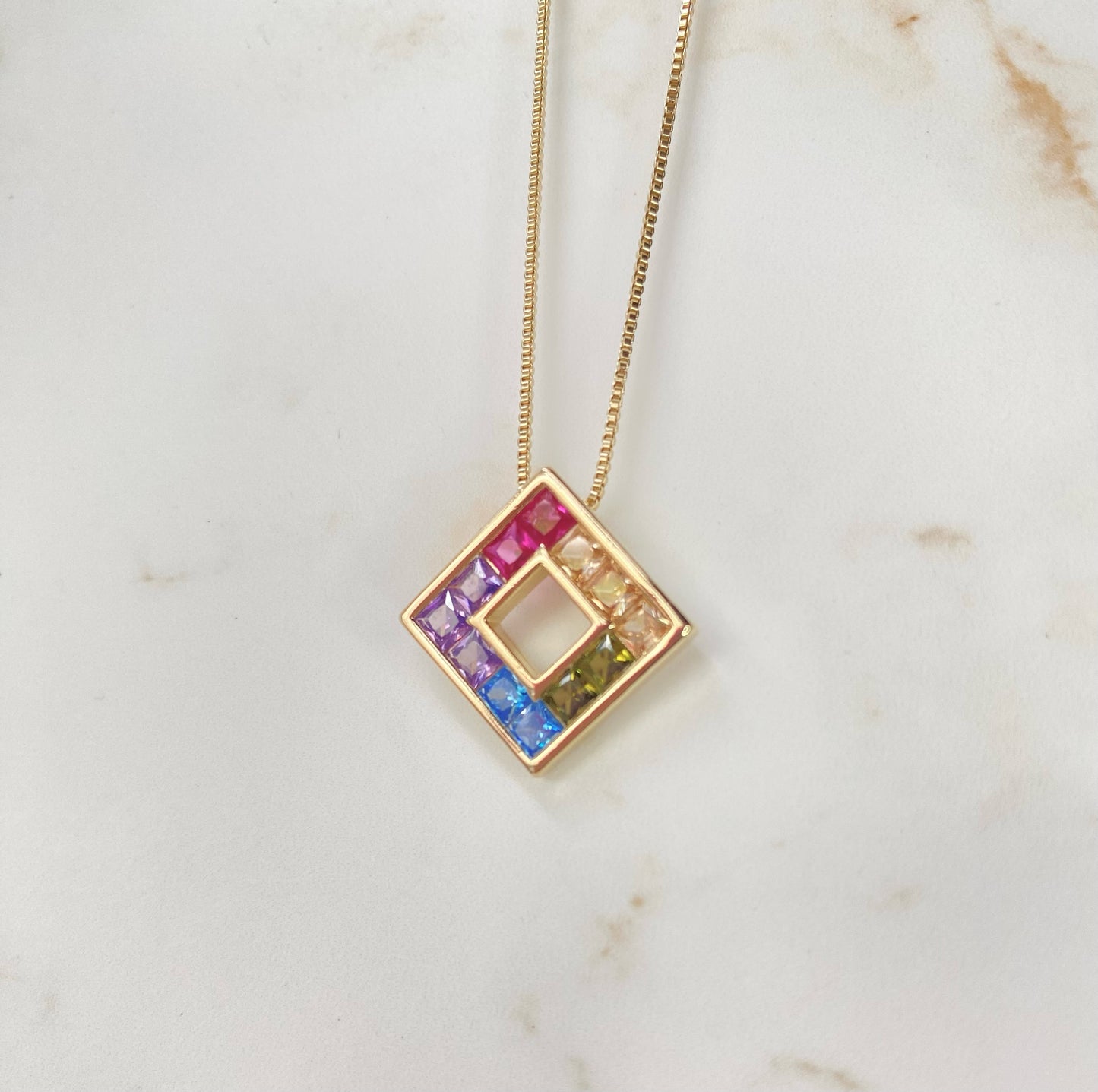18k Gold Plated Colorful Square pendant necklace