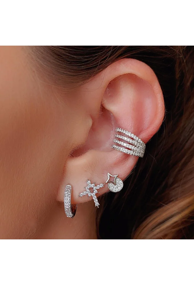 Rhodium Plated Pave Huggie Hoop Earrings