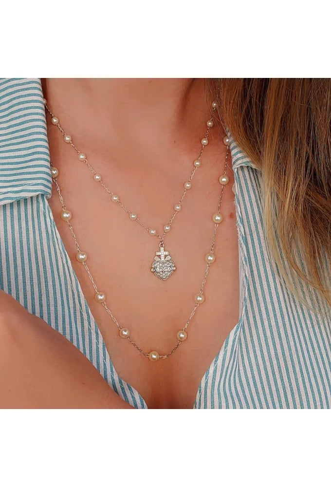 Rhodium Plated Pearl Necklace with Heart Pendant