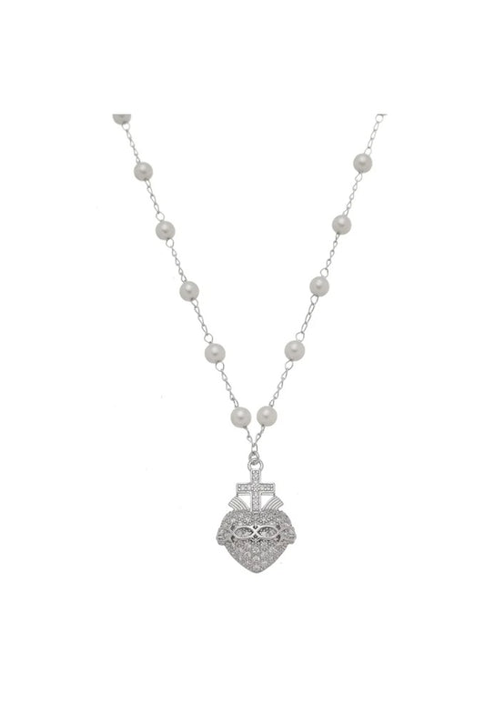 Rhodium Plated Pearl Necklace with Heart Pendant