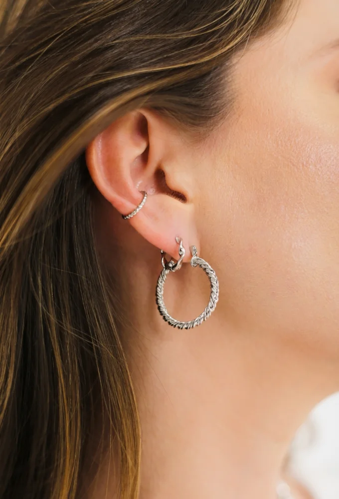 18 k Gold / Rhodium Plated Twisted Huggie Hoop Earrings