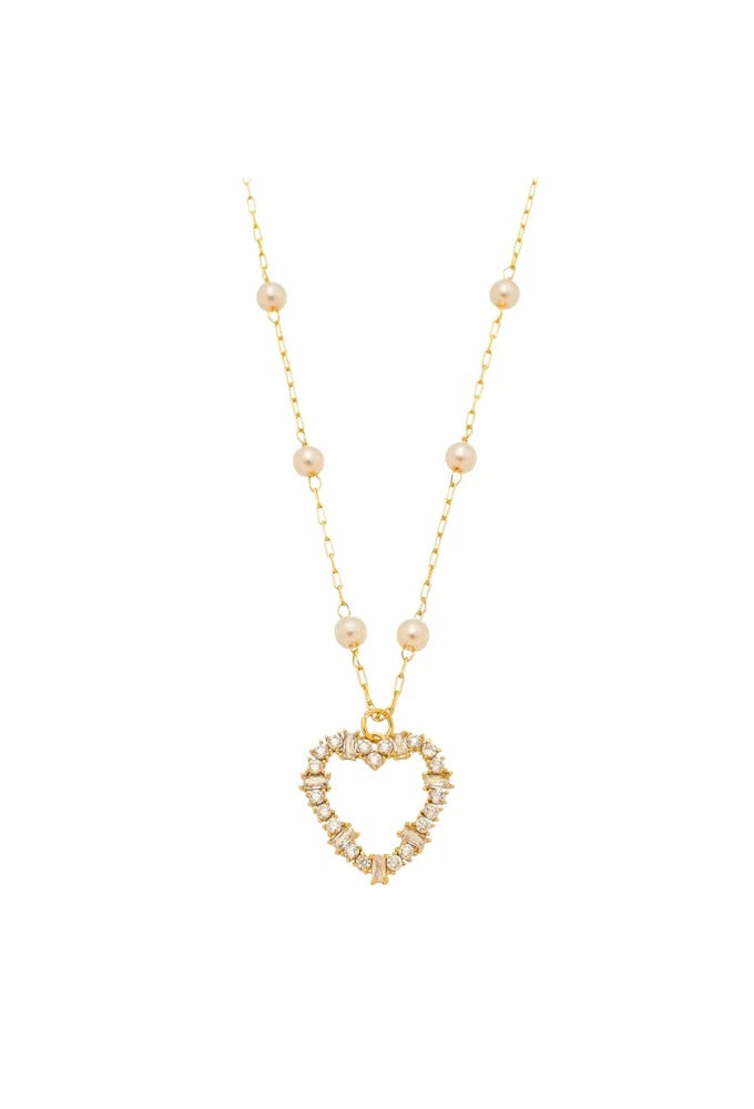 18k Gold Plated Delicate Pearl Necklace with Heart Pendant