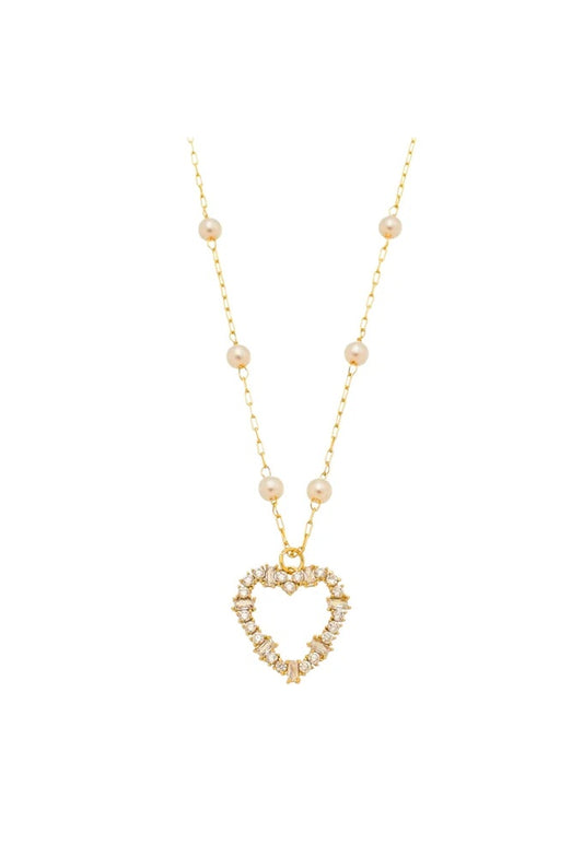 18k Gold Plated Delicate Pearl Necklace with Heart Pendant