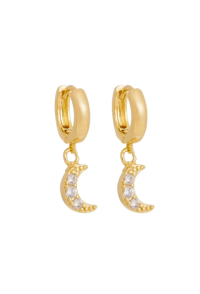 18k Gold Plated Pave Crescent Charm Huggie Earrings