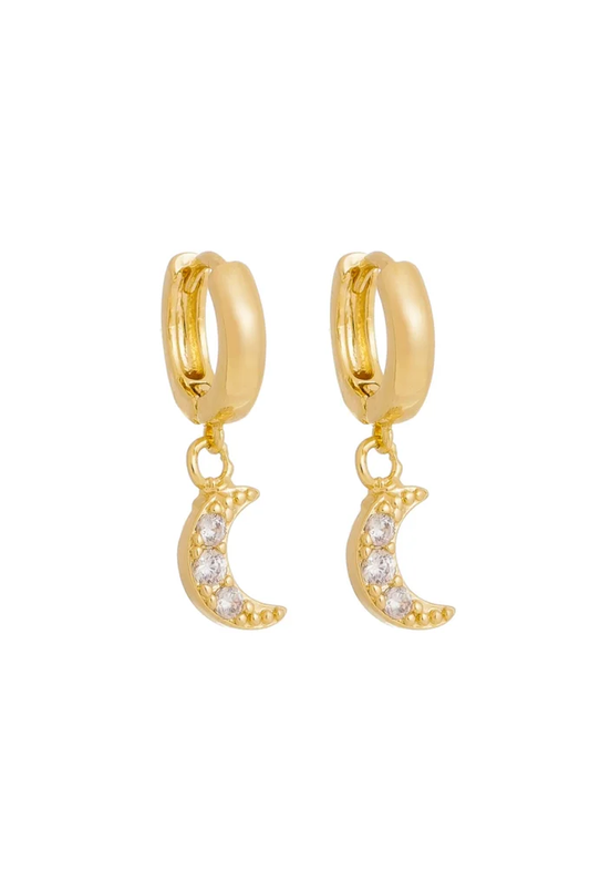 18k Gold Plated Pave Crescent Charm Huggie Earrings