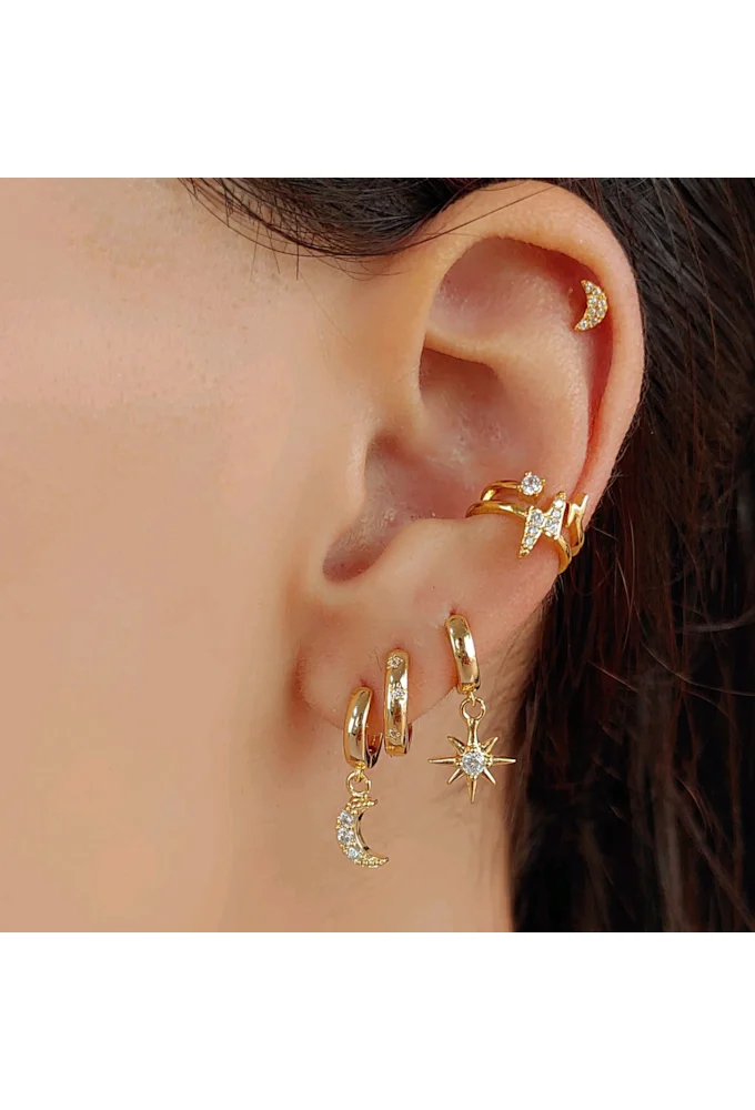 18k Gold Plated Pave Crescent Charm Huggie Earrings