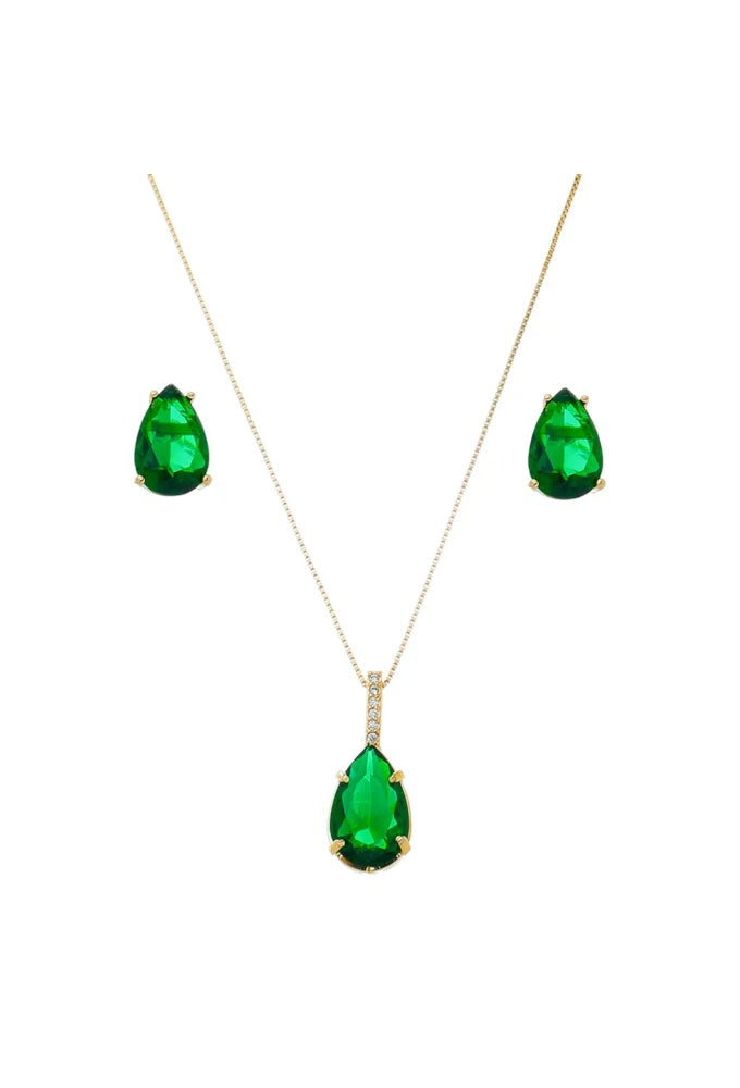 18k Gold Plated Emerald Teardrop Jewelry Set – Necklace & Earrings