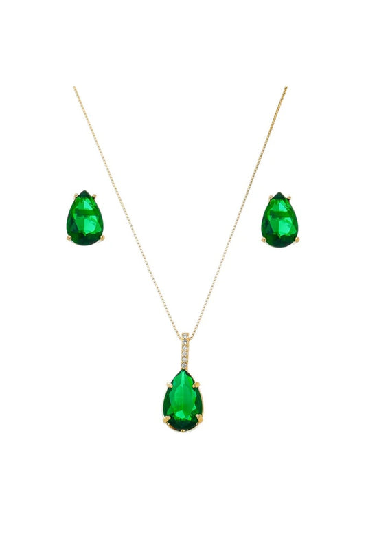 18k Gold Plated Emerald Teardrop Jewelry Set – Necklace & Earrings