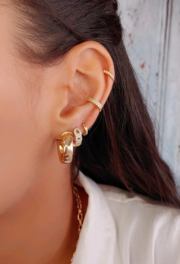 18k Gold Plated Pave Chain Link Huggie Hoop Earrings