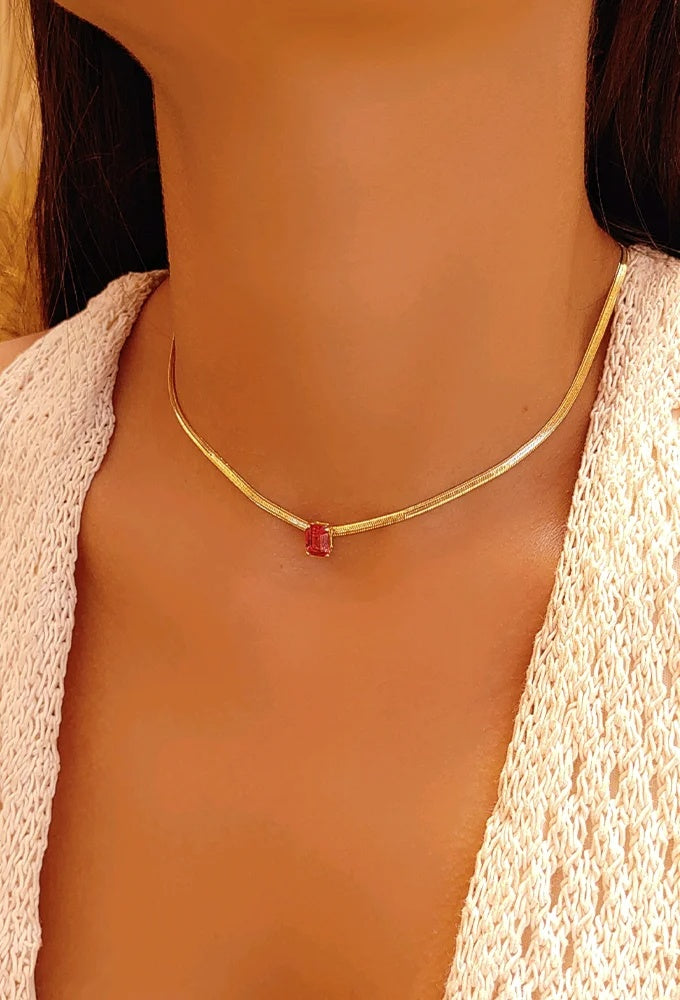 18k Gold Plated Herringbone Choker with Crystal Pendant