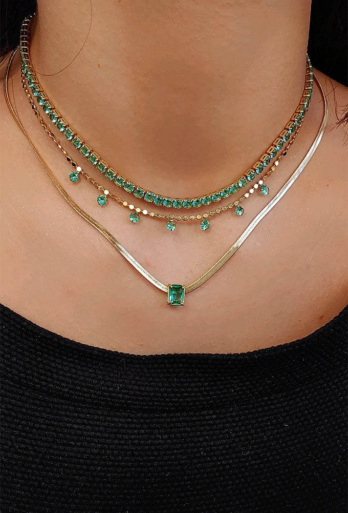 18k Gold Plated Herringbone Choker with Crystal Pendant