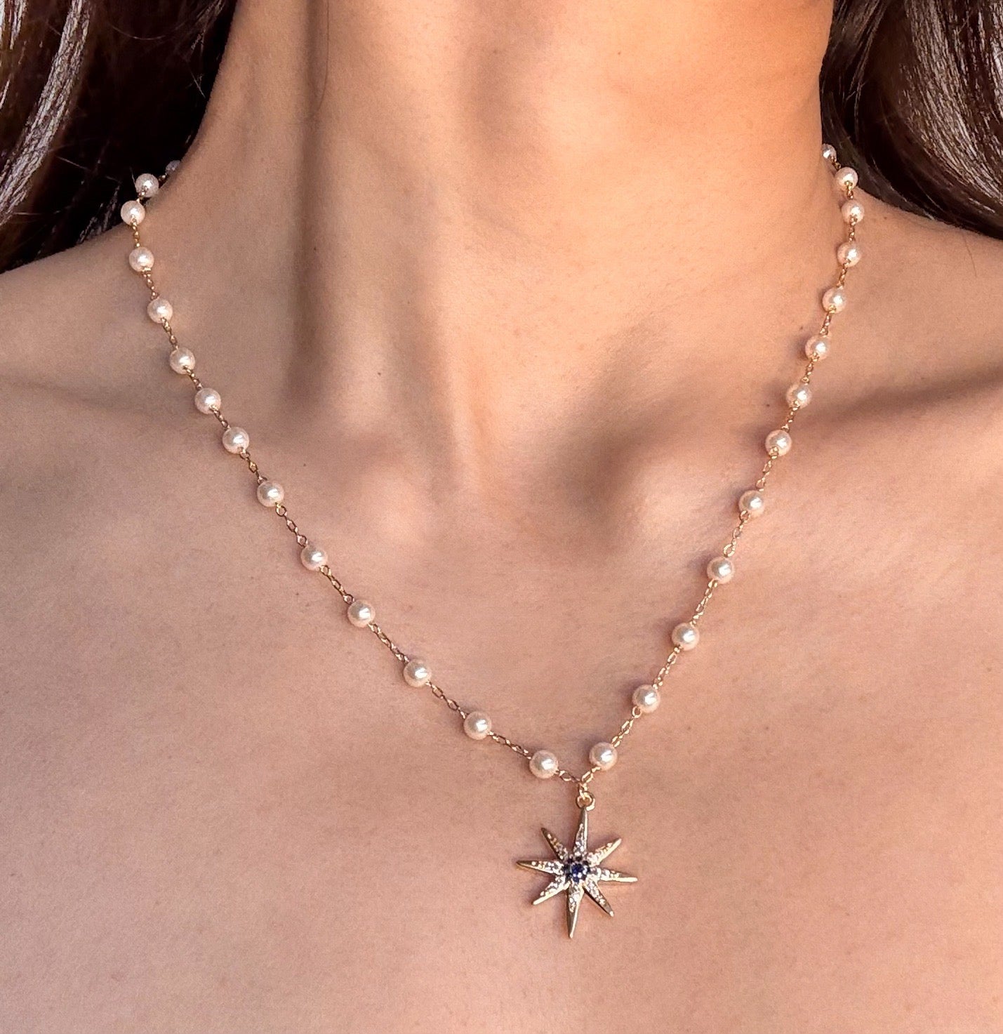 18k Dainty Pearl Necklace with Sparkling Star Charm