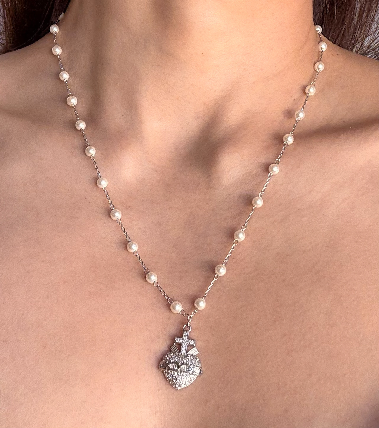 Rhodium Plated Pearl Necklace with Heart Pendant