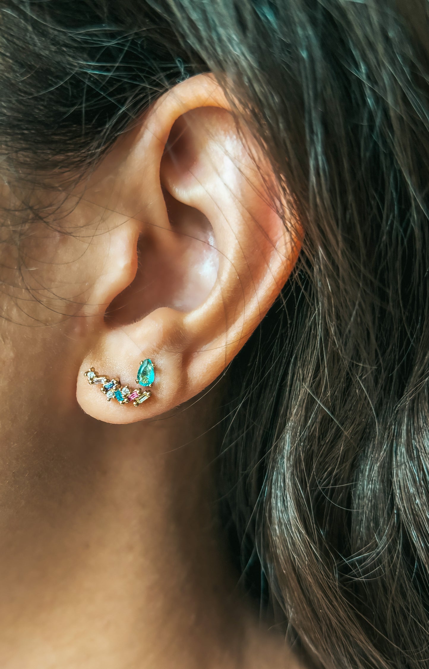 18k Gold Plated Slim Ear Cuff Earring with Colorful Zirconias