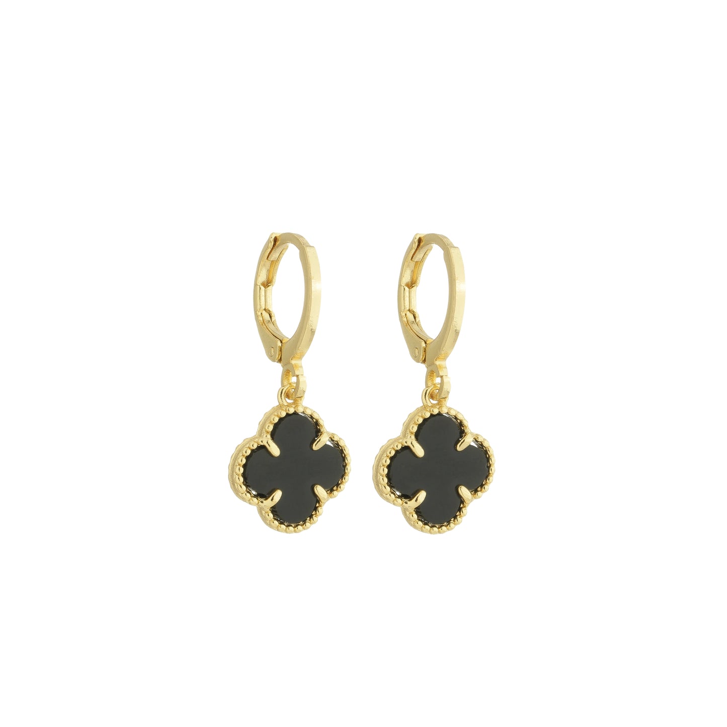 18K Gold Plated Onyx Clover Hoop Earring