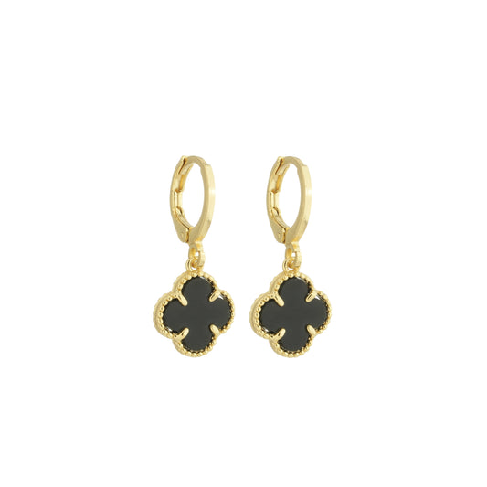 18K Gold Plated Onyx Clover Hoop Earring