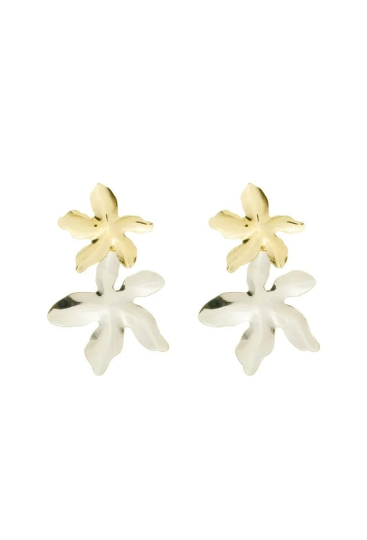 19K Gold / Rhodium Two-Tone Floral Drop Earrings