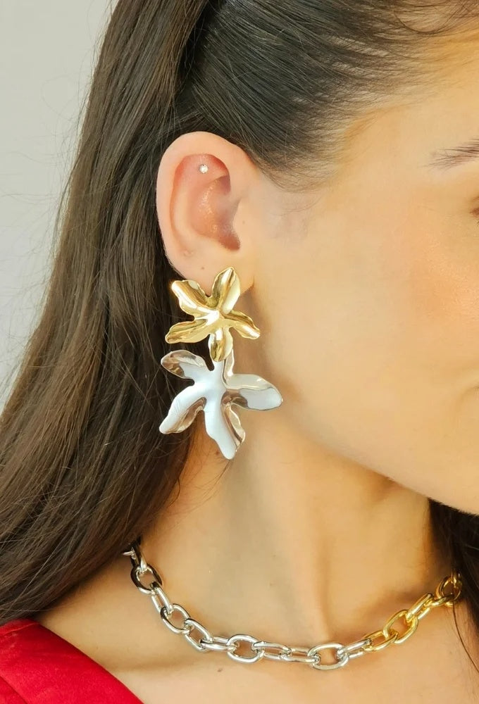 19K Gold / Rhodium Two-Tone Floral Drop Earrings