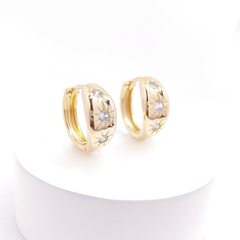 18K Gold / Rhodium Plated Triple Star Cubic Zirconia Huggie Hoop Earrings