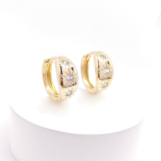 18K Gold / Rhodium Plated Triple Star Cubic Zirconia Huggie Hoop Earrings