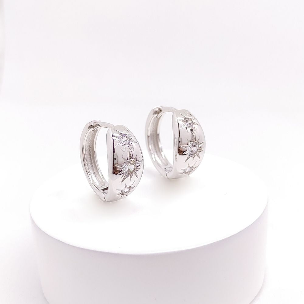 18K Gold / Rhodium Plated Triple Star Cubic Zirconia Huggie Hoop Earrings