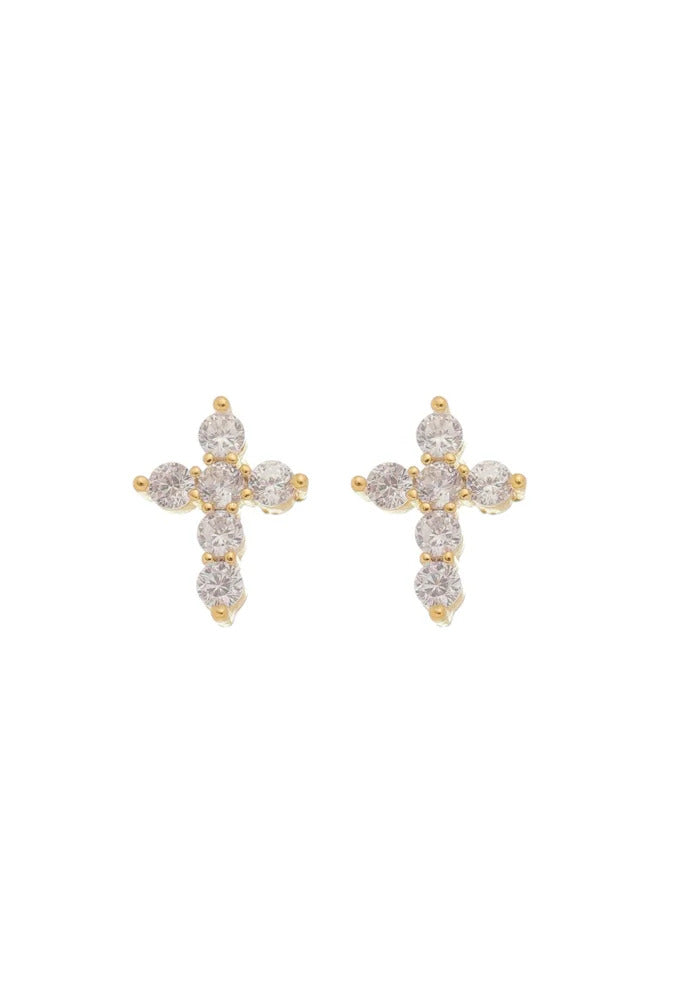 18k Gold / Rhodium Plated Studded Cross Earring