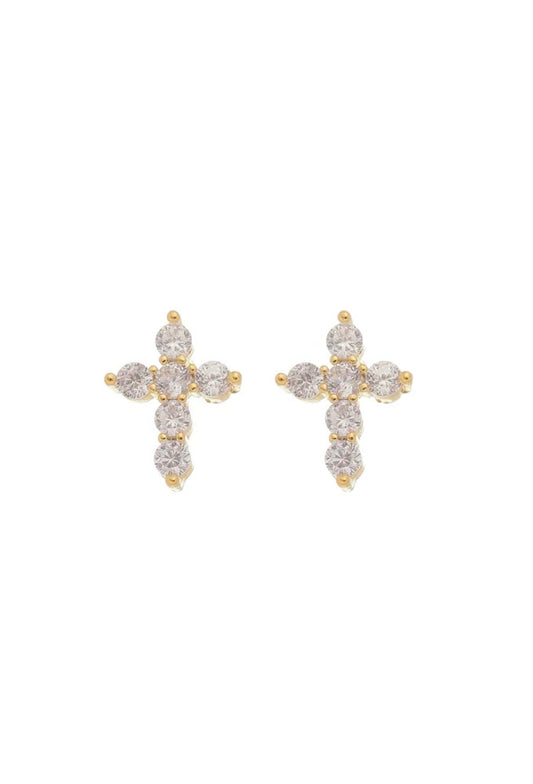 18k Gold / Rhodium Plated Studded Cross Earring