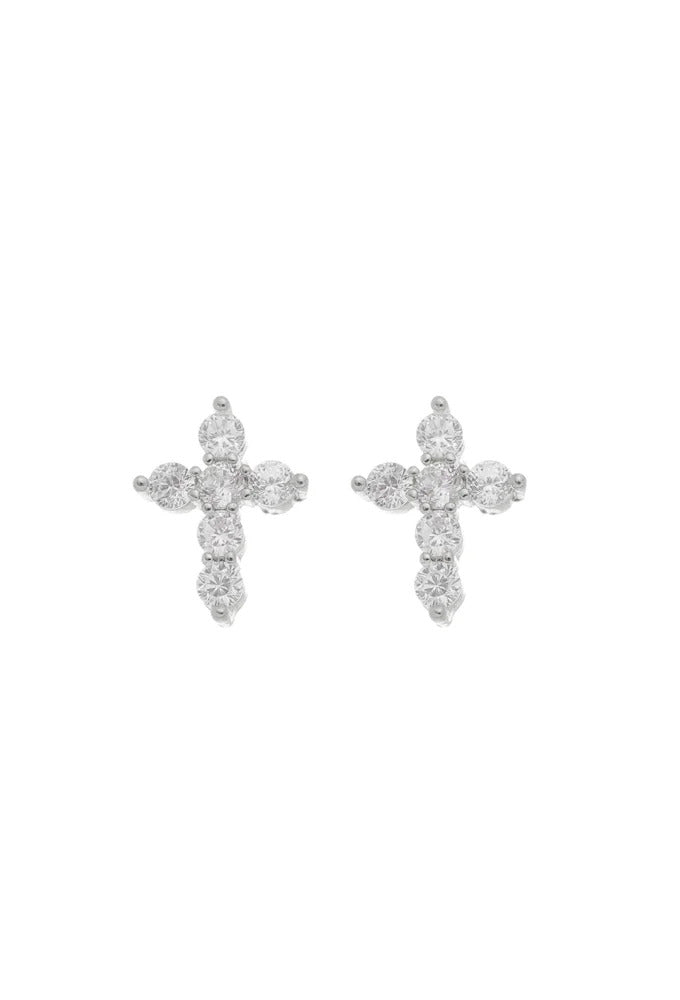 18k Gold / Rhodium Plated Studded Cross Earring