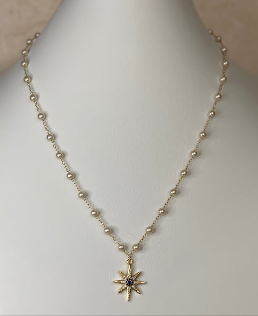 18k Dainty Pearl Necklace with Sparkling Star Charm