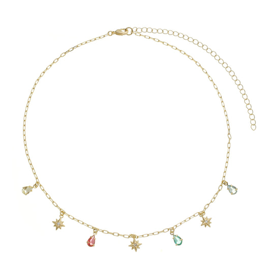 18k Gold Plated Choker with Colorful Crystals and Star Accents